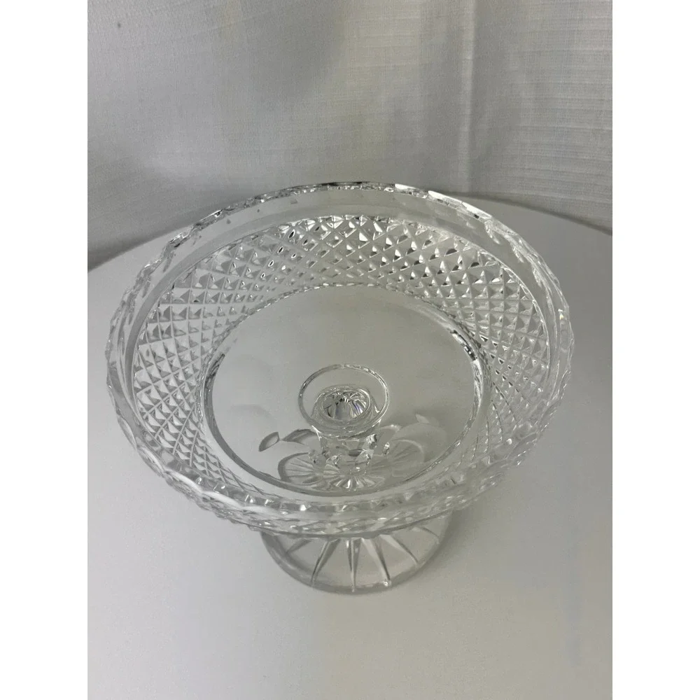 Vintage Clear Pressed Glass Pedestal Compote Diamond Point Starburst 6.5